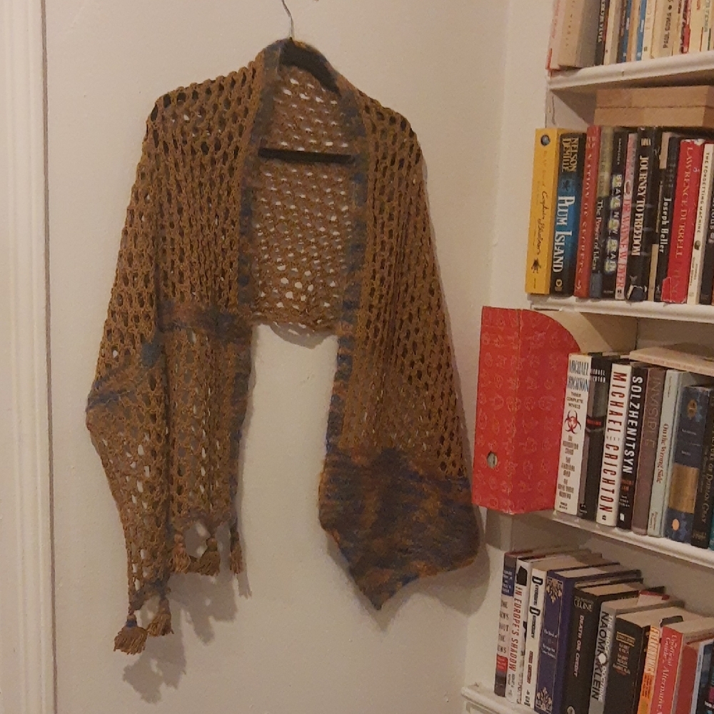 NWOT Handmade Brown and Blue Knitted Shawl